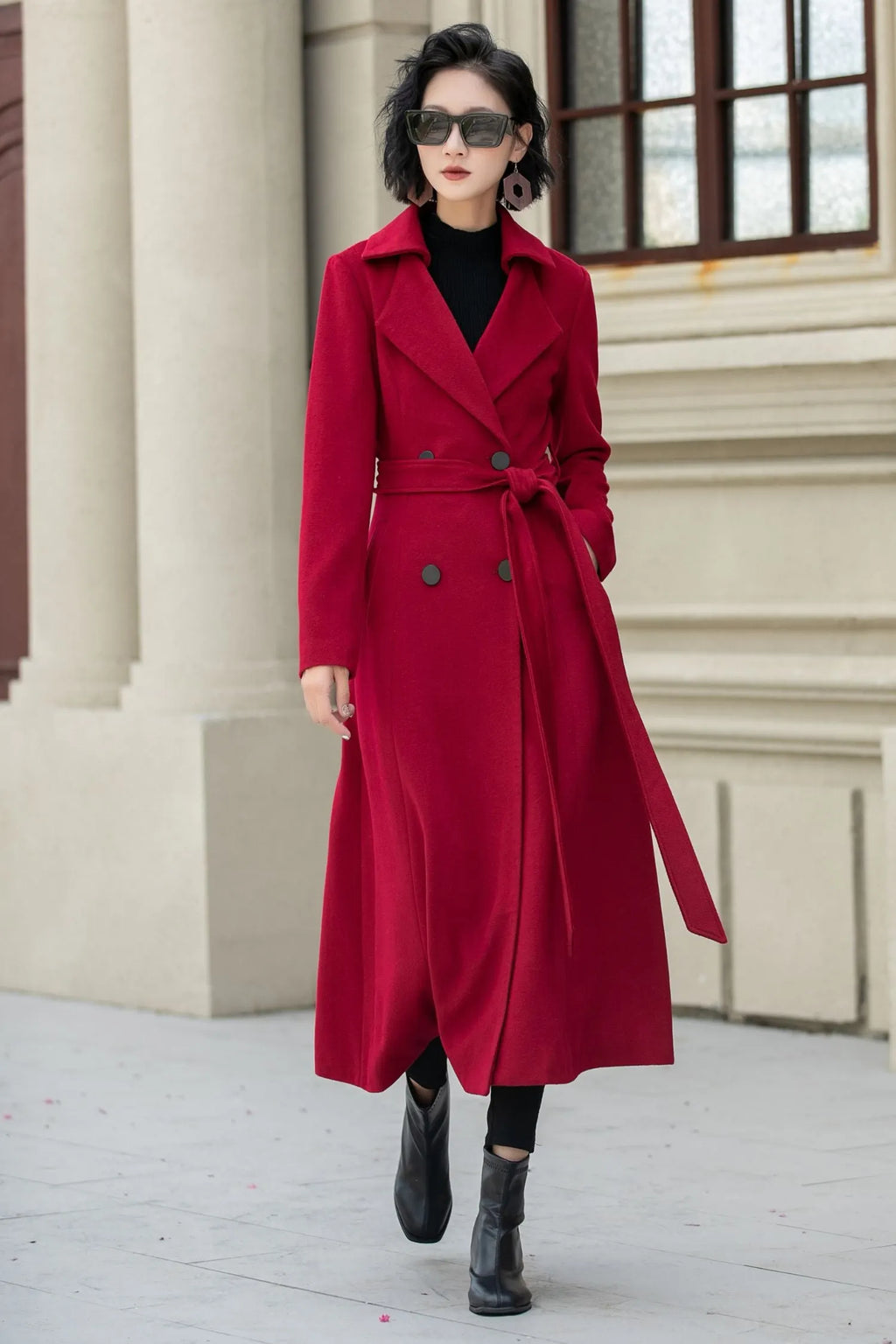 Red Wool Maxi Coat - Double-Breasted Fit & Flare Silhouette 5348