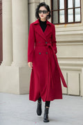 Red Wool Maxi Coat - Double-Breasted Fit & Flare Silhouette 5348