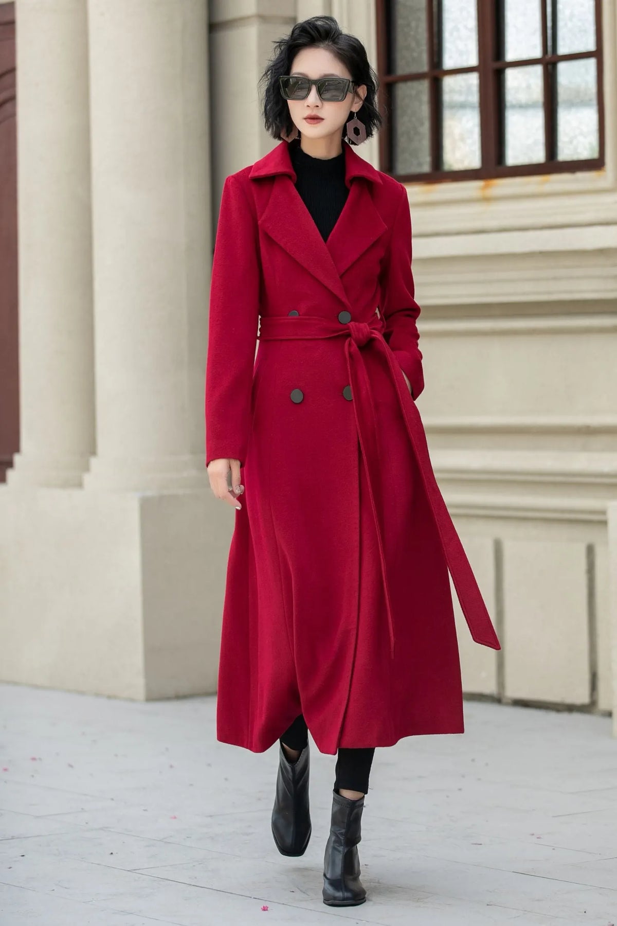 Red Wool Maxi Coat - Double-Breasted Fit & Flare Silhouette 5348