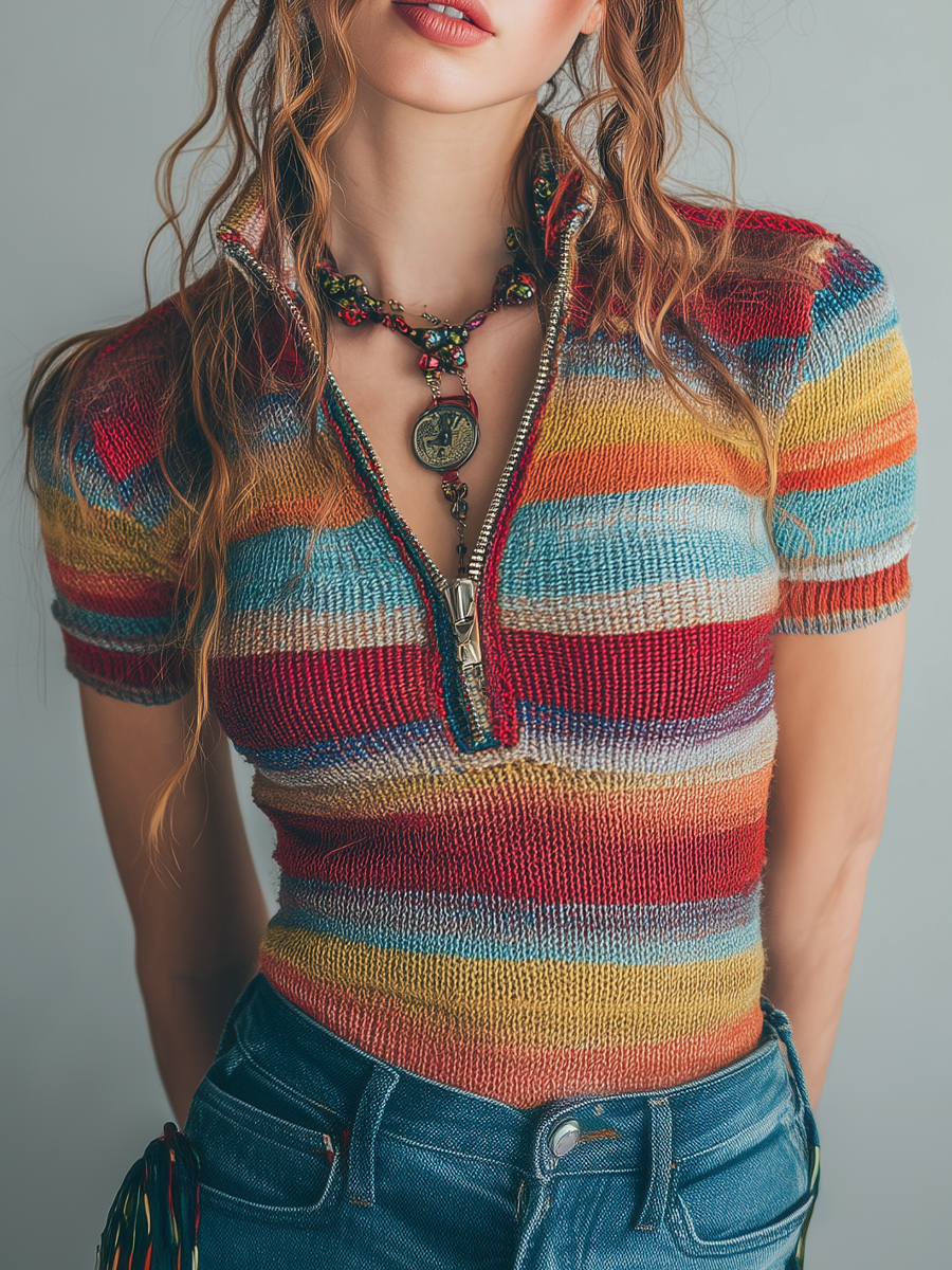 Retro Zipper Collar Colorful Striped Short Sleeve Knitted Blouse