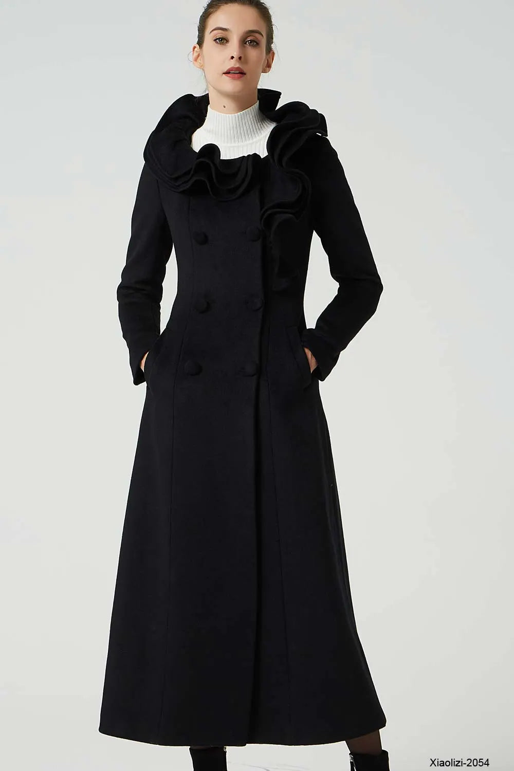 Xiaolizi Black Ruffle Collar Wool Coat for Women – Handmade Maxi Double-Breasted Winter Coat 2054