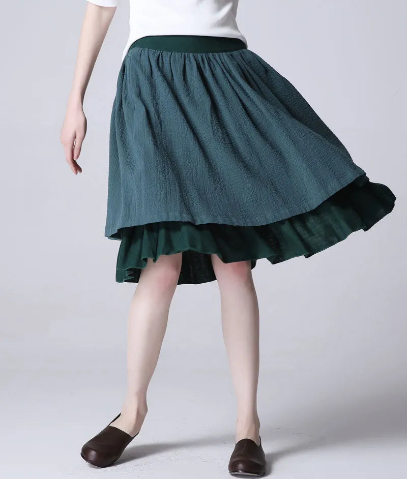 Green Linen Midi Skirt - Flared Silhouette with Layered Hem 1189