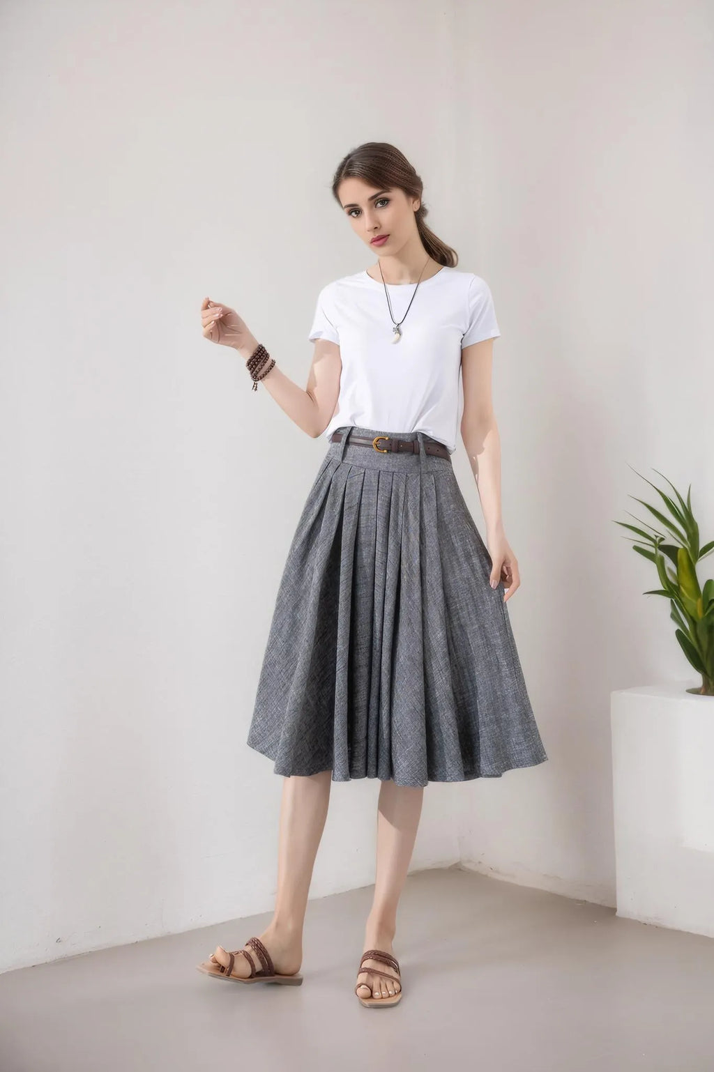 Gray Cotton Linen Pleated Midi Skirt - Flare Circle Swing Silhouette 5801