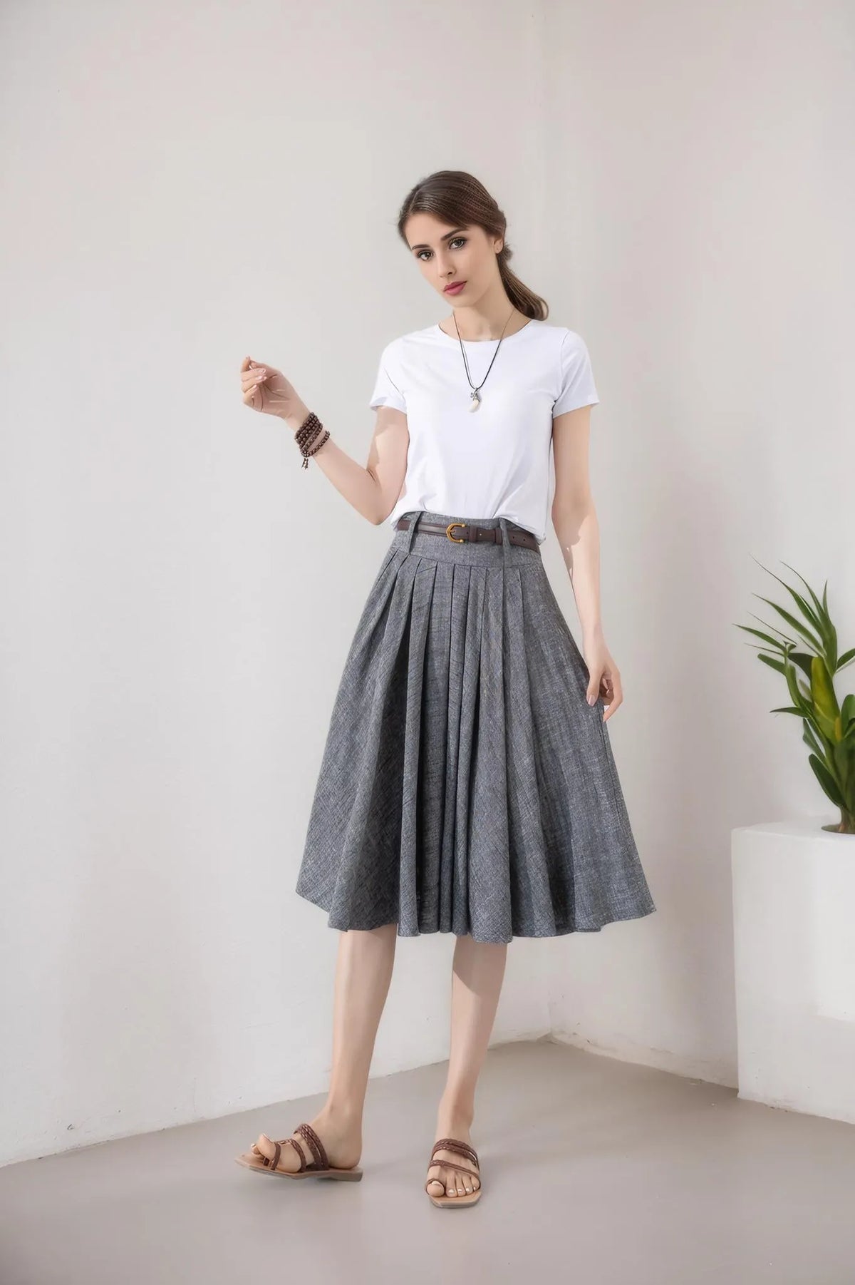 Gray Cotton Linen Pleated Midi Skirt - Flare Circle Swing Silhouette 5801