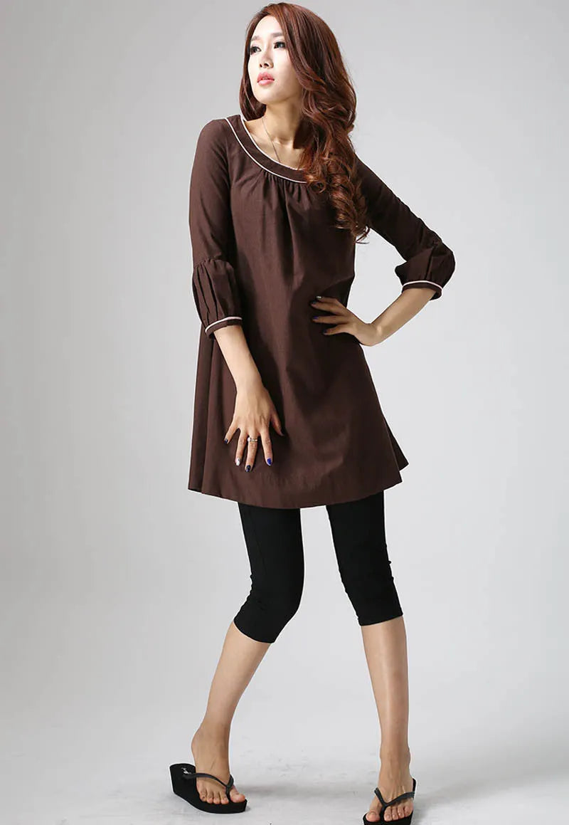 Handmade Brown Linen Tunic Dress – 3/4 Sleeve A-Line Mini Dress 