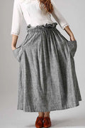 Grey Linen Blend Maxi Skirt - Elastic Waist, Draped Pockets 867