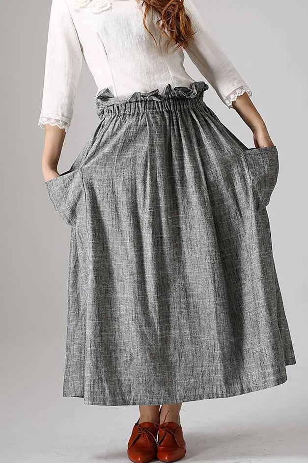 Grey Linen Blend Maxi Skirt - Elastic Waist, Draped Pockets 867