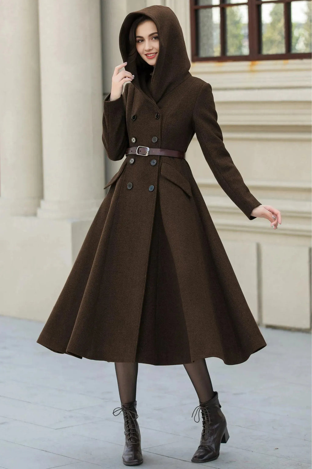 Army Green Wool A-Line Maxi Coat with Hood - Vintage Inspired Swing Fit 6385