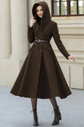 Army Green Wool A-Line Maxi Coat with Hood - Vintage Inspired Swing Fit 6385
