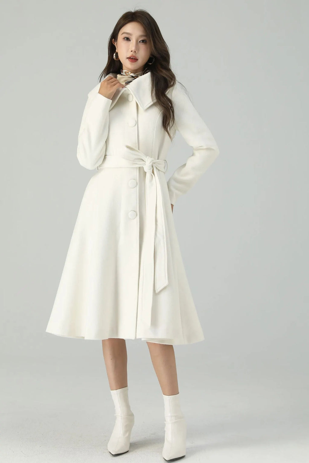 White Wool Blend Knee-Length Coat - Princess Silhouette with Belt 4520