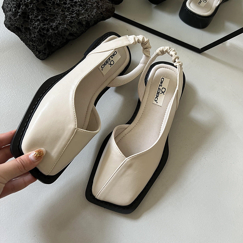 Back Empty Bag Head Sandals Women's Spring and Summer Flat Bottom Wind Square Head Single Shoes French Retro Sandals Out