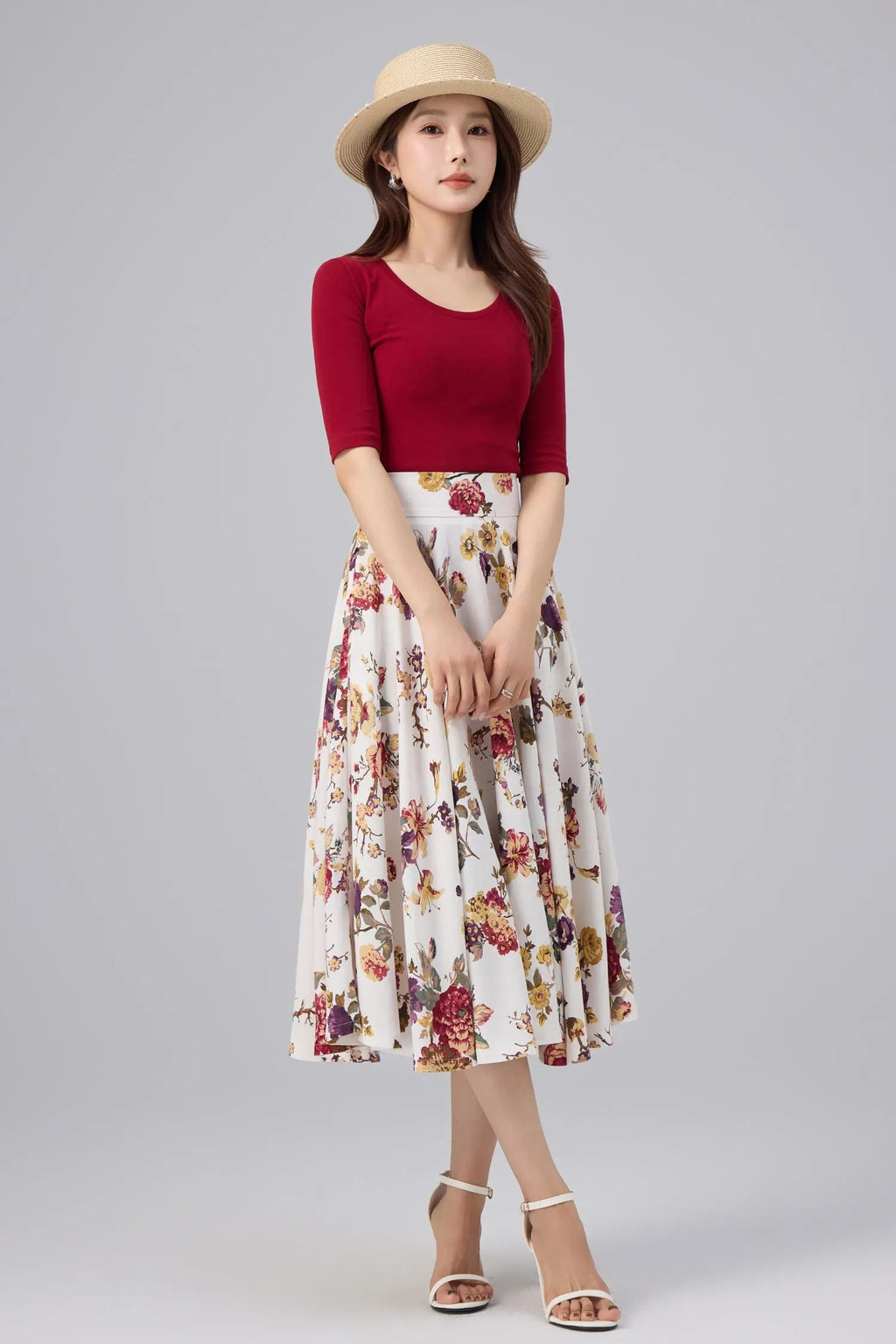 White Floral Cotton Linen Midi Skirt - High Waist, A-line Swing 