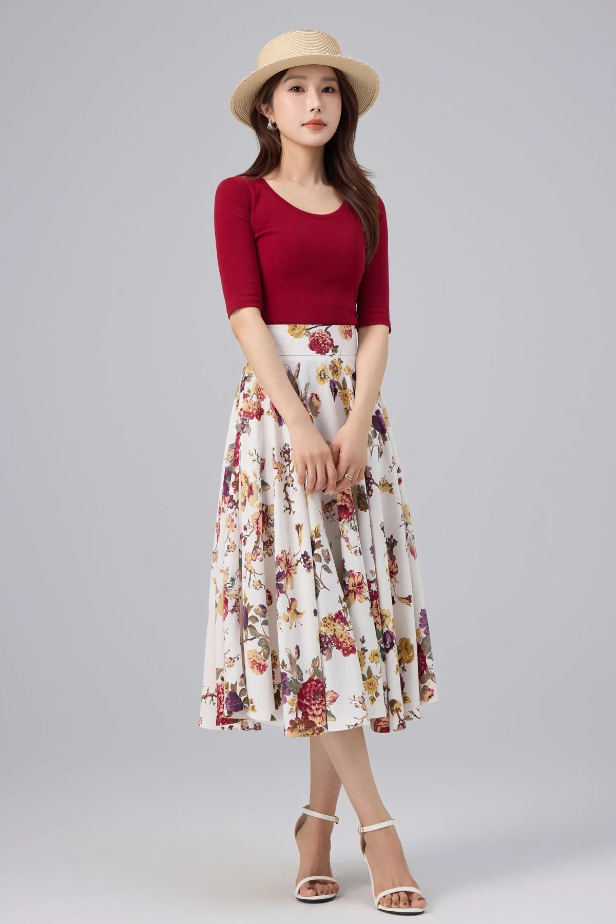 White Floral Cotton Linen Midi Skirt - High Waist, A-line Swing 