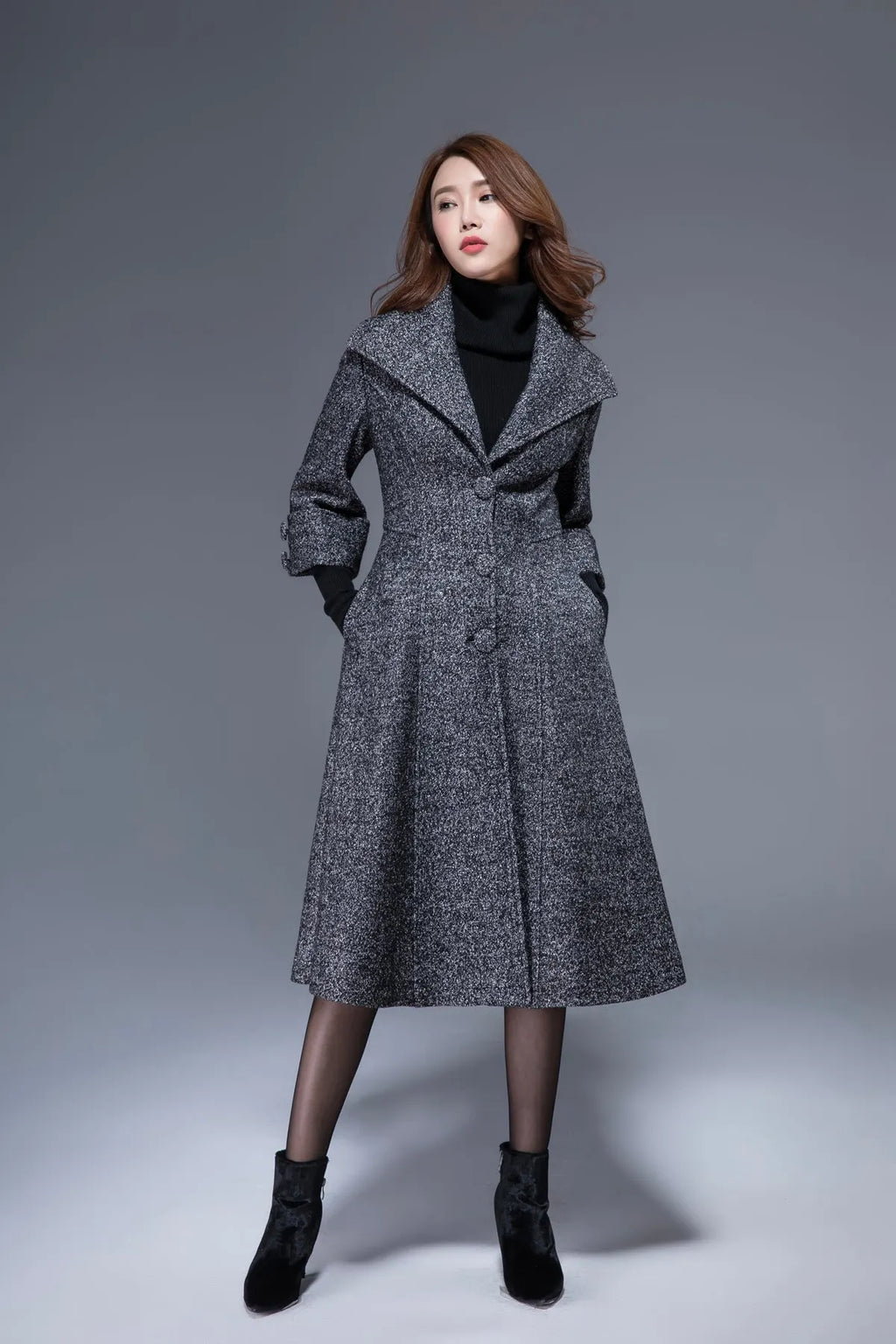Xiaolizi Gray Wool Coat for Women – Handmade Midi Wool Blend Coat with Oversized Lapel Collar 1825