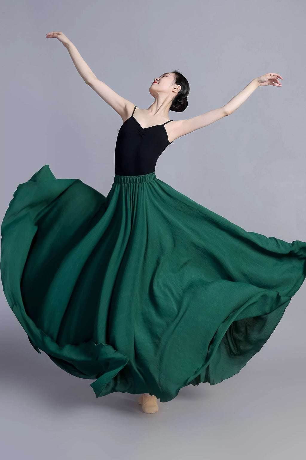 Green Linen Cotton Maxi Circle Skirt - Elastic Waist Boho 