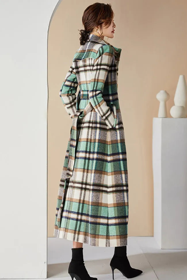 Handmade Green Plaid Wool Coat – Elegant Belted High Neck Long Overcoat 