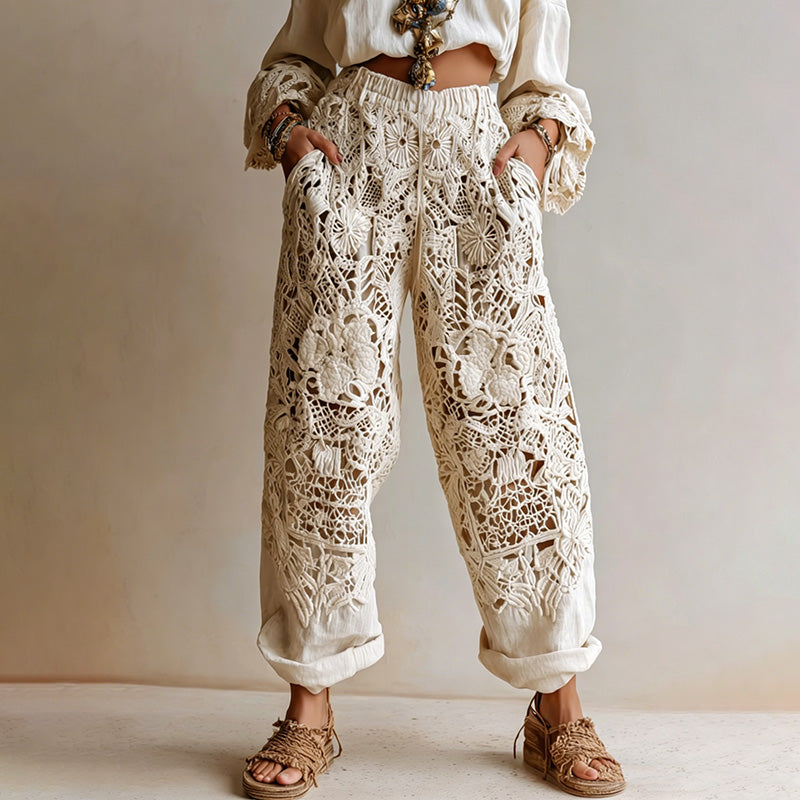Women's Vintage Floral Embroidered Art Print Casual Pants