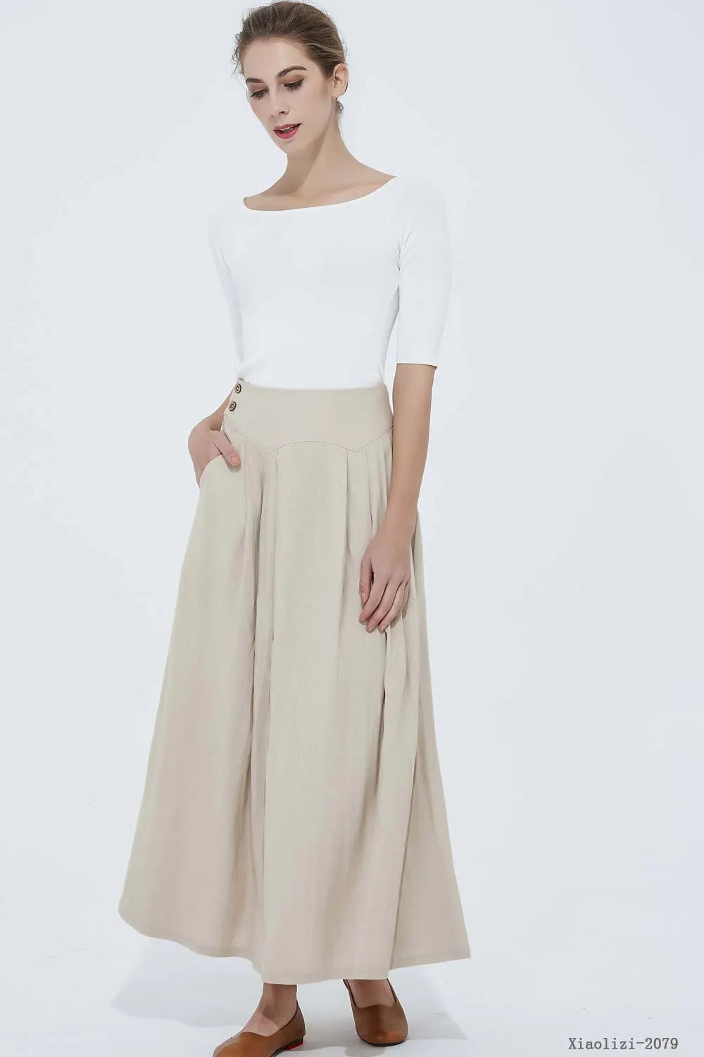 Beige Linen Blend A-Line Ankle Skirt - Pockets Fitted Waist 