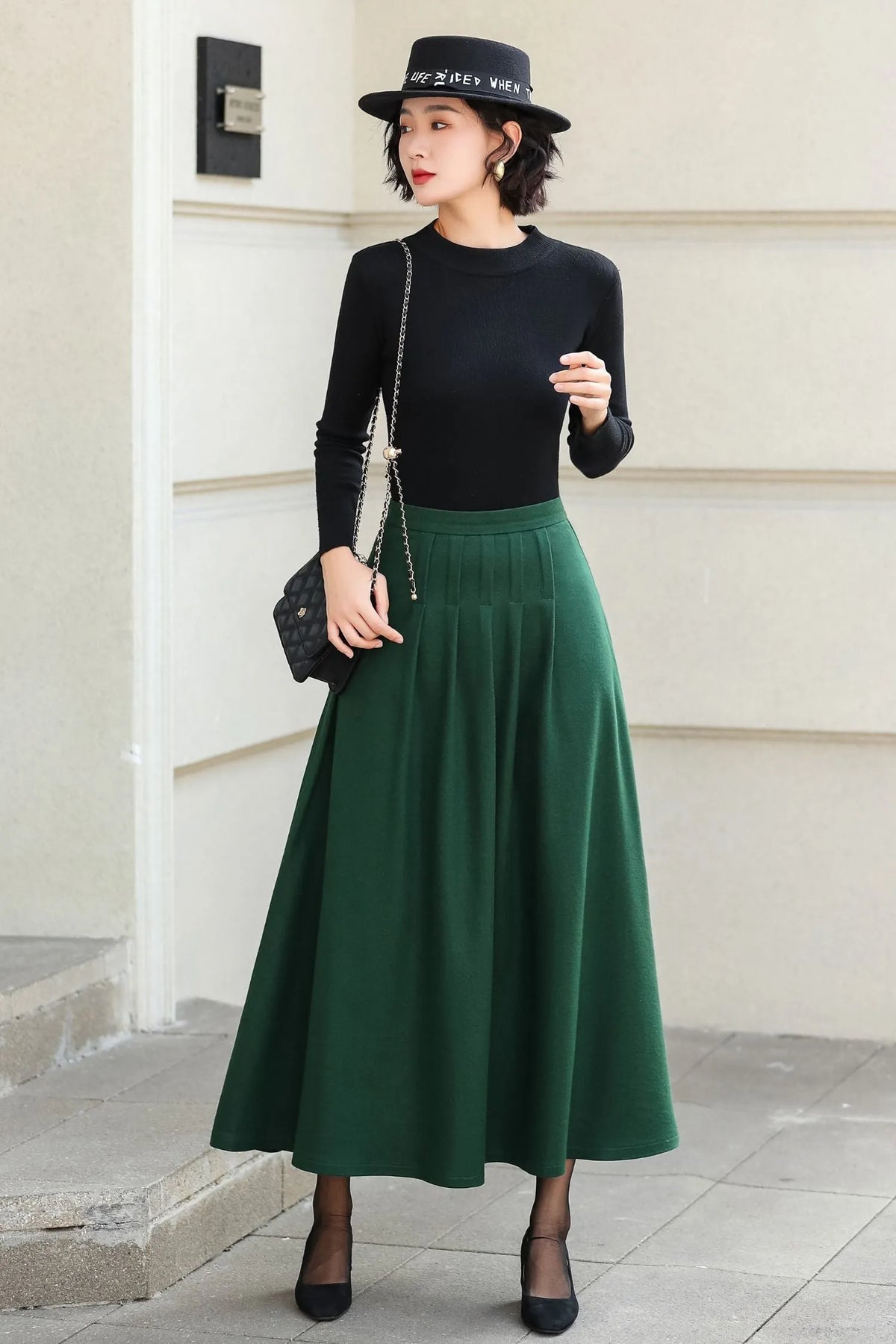 Green Wool Blend A-Line Ankle Length Skirt - High Waist Flowy 6973