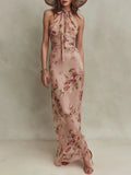Elegant Holiday Floral Print Keyhole Neckline Chiffon Maxi Dress