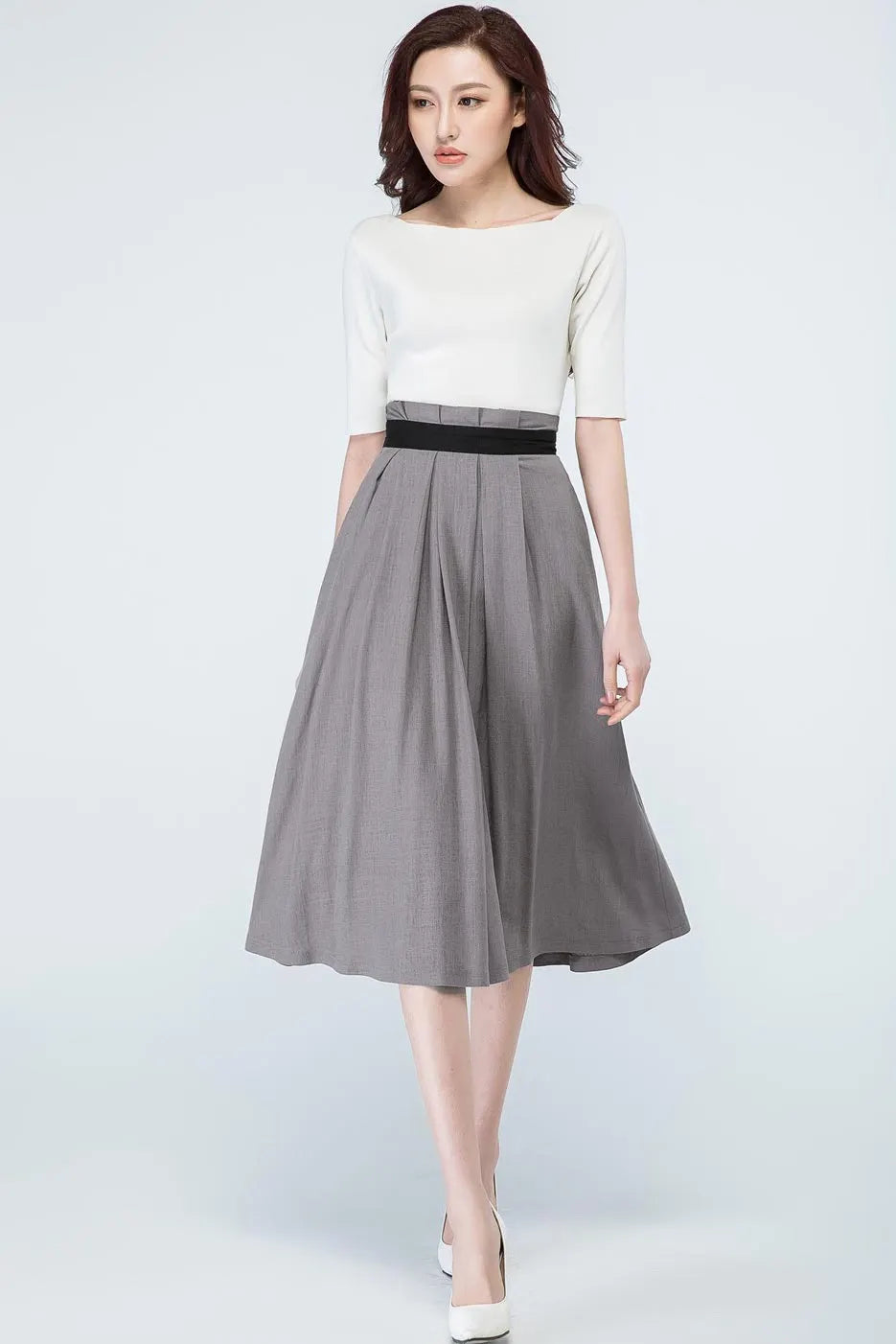 Grey Linen Blend A-Line Midi Skirt - Pleated Waist with Side Pockets 1691