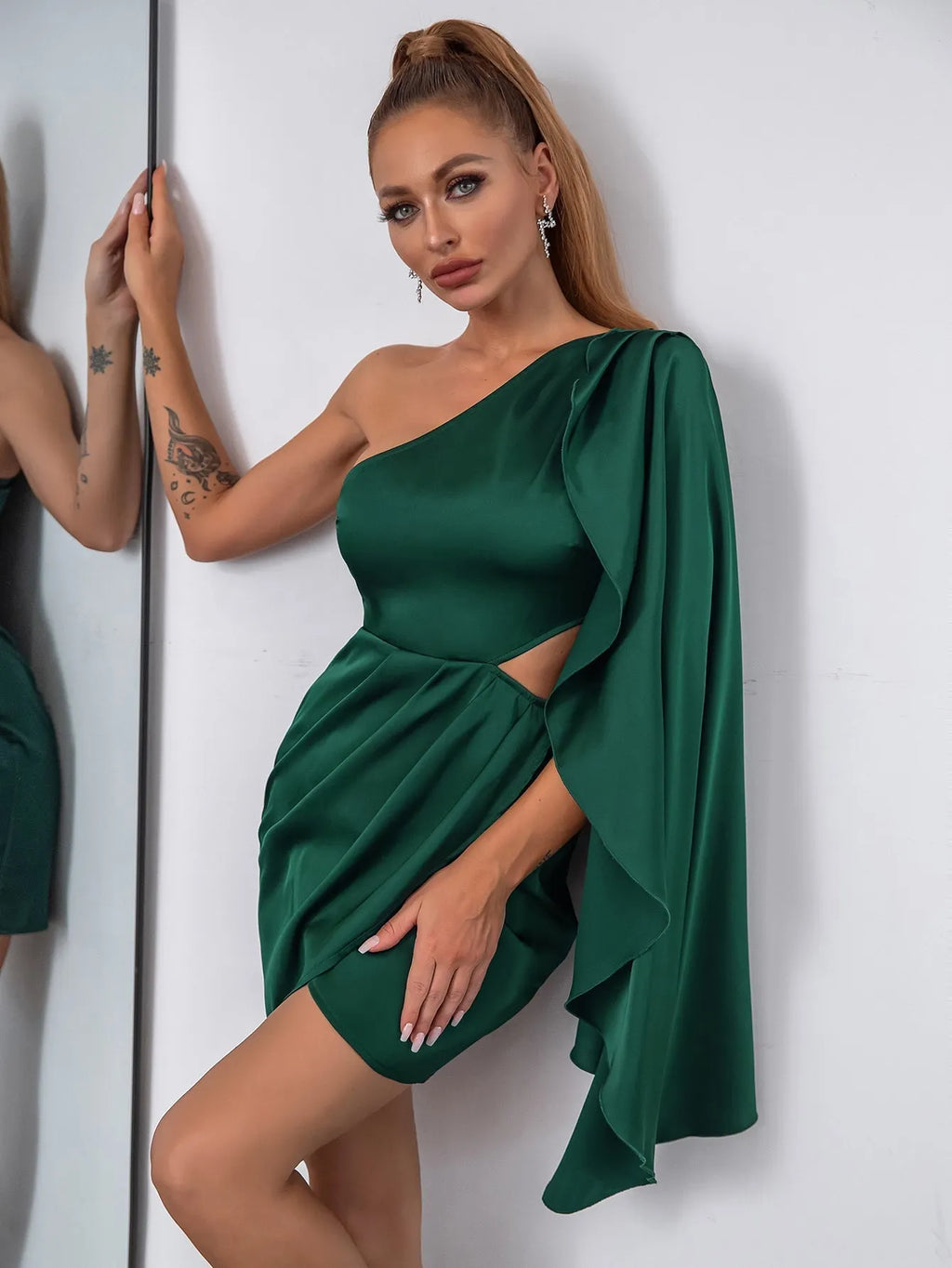 KittenAlarm - One Shoulder Drape Side Cut Out Satin Dress