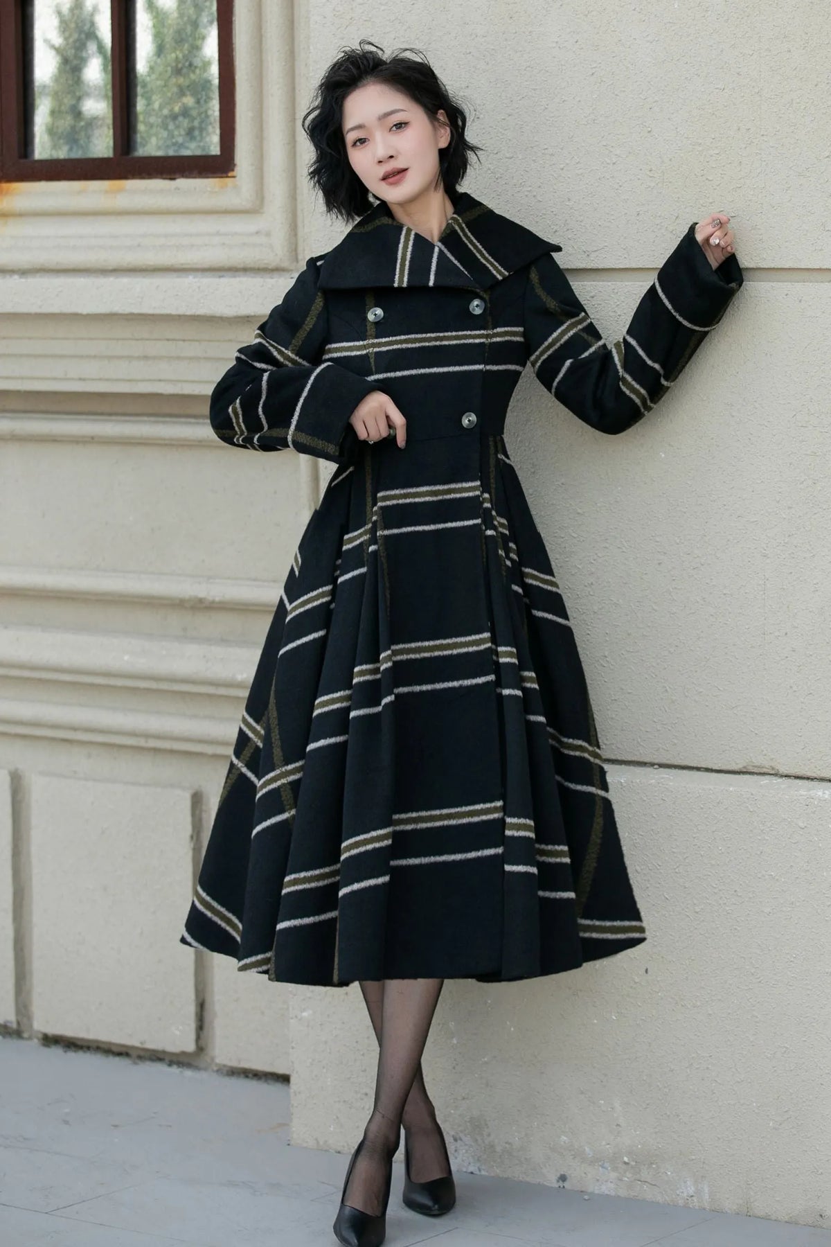 Black Wool Fit and Flare Coat - Double Breasted Stripe Design 5454