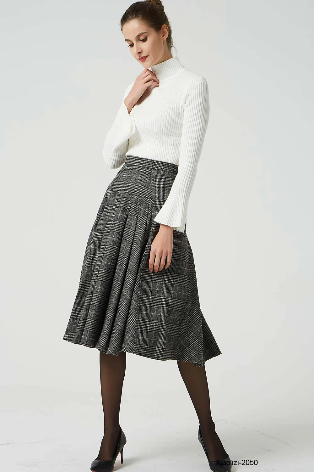 Grey Wool Pleated Knee Length Skirt - Retro A-Line Silhouette 2050