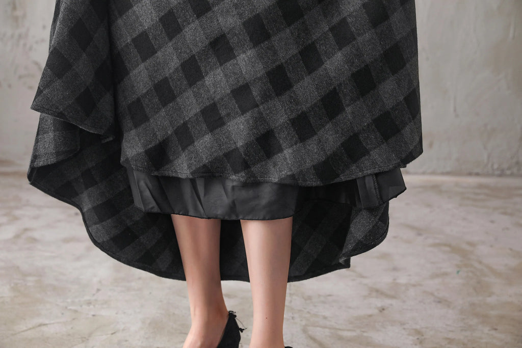 Plaid Wool Maxi Skirt - A-Line Flared Satin Lined 