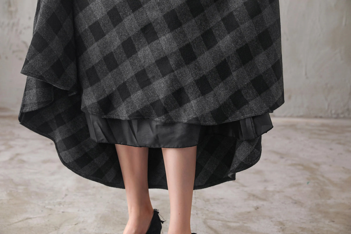Plaid Wool Maxi Skirt - A-Line Flared Satin Lined 