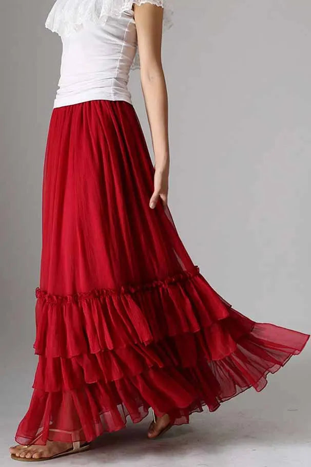 Elegant Handmade Red Chiffon Skirt – Layered Ruffle Maxi for Women 