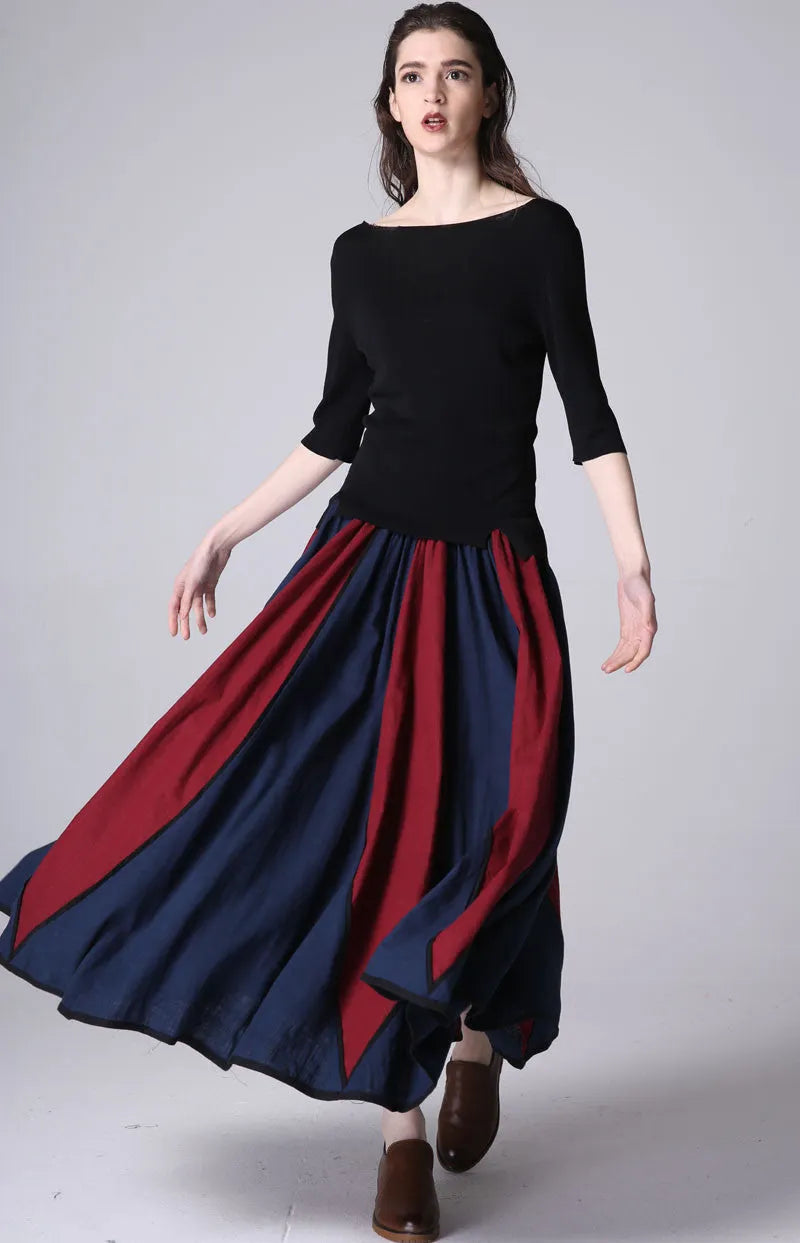 Royal Blue Red Patchwork Linen Maxi Skirt - Elastic Waist 