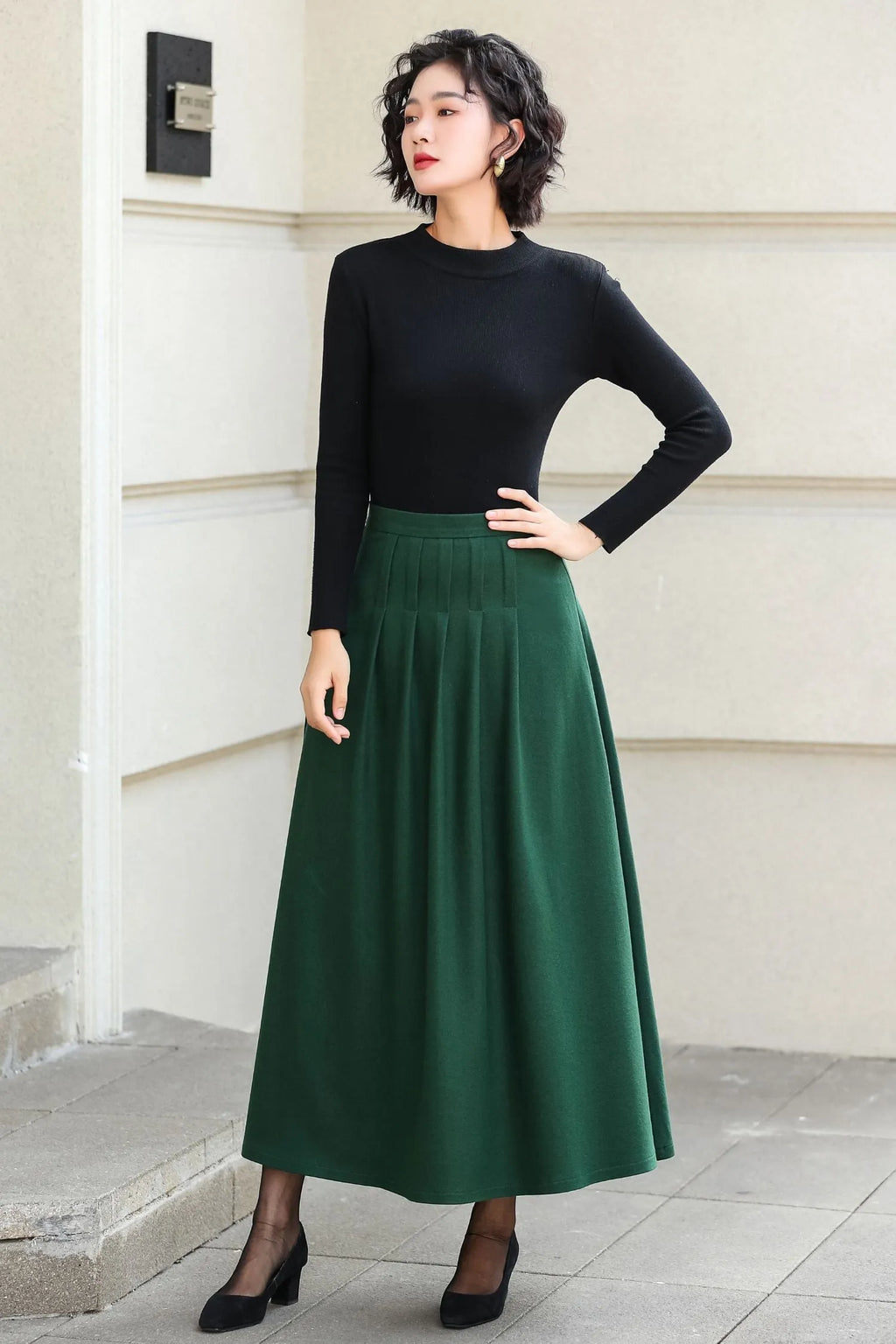 Green Wool Blend A-Line Ankle Length Skirt - High Waist Flowy 6973