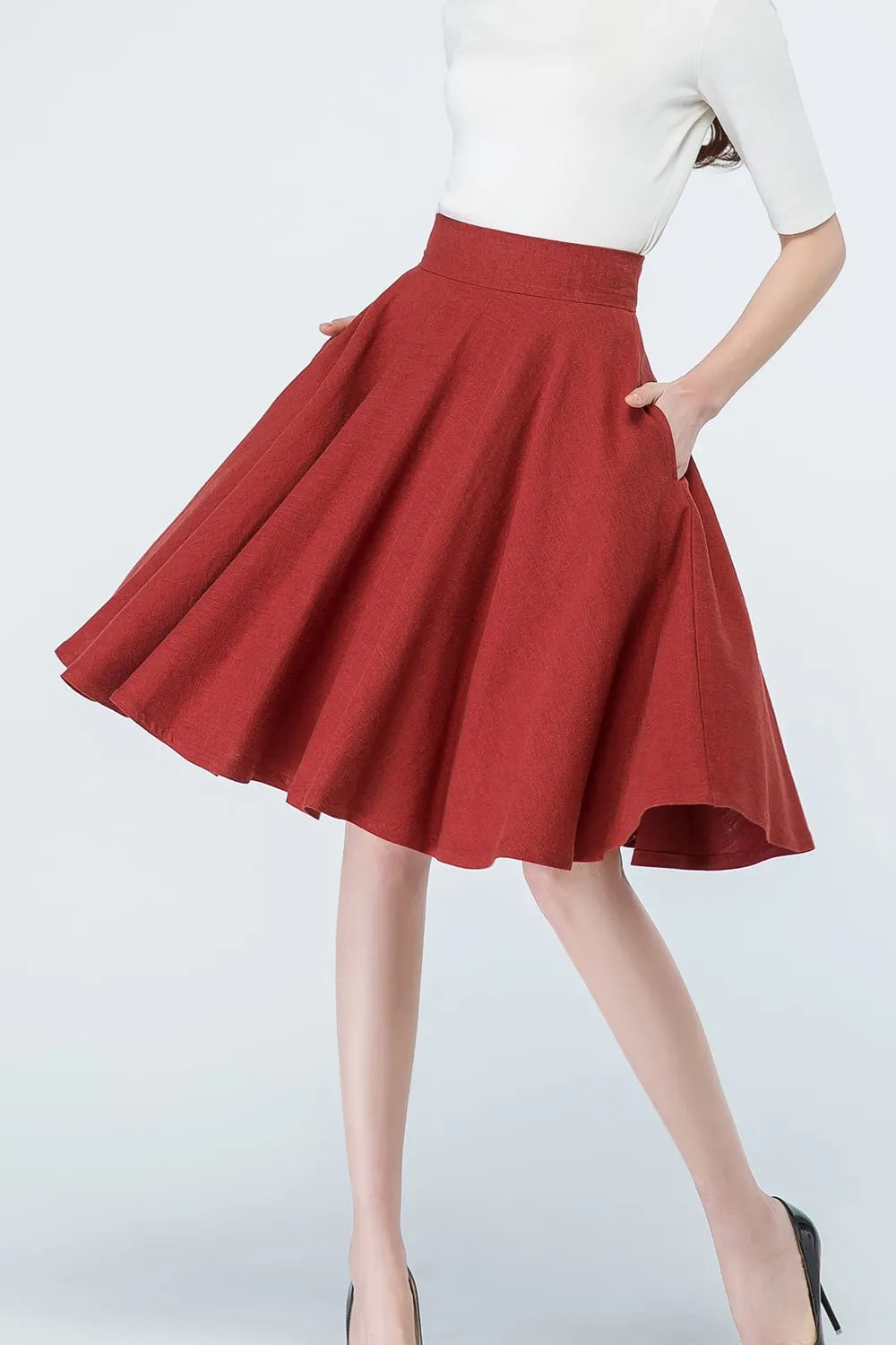 Rust Red Linen Circle Skirt – Vintage 50s High Waist Skater Skirt with Pockets 1689