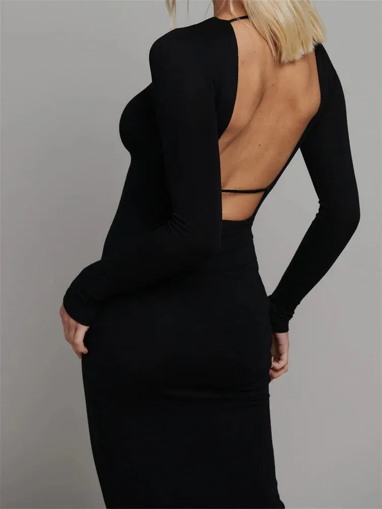 Round Neck Hollow Out Party Clubwear for Women Backless Sleeve Solid Color Slim Fit Vestidos