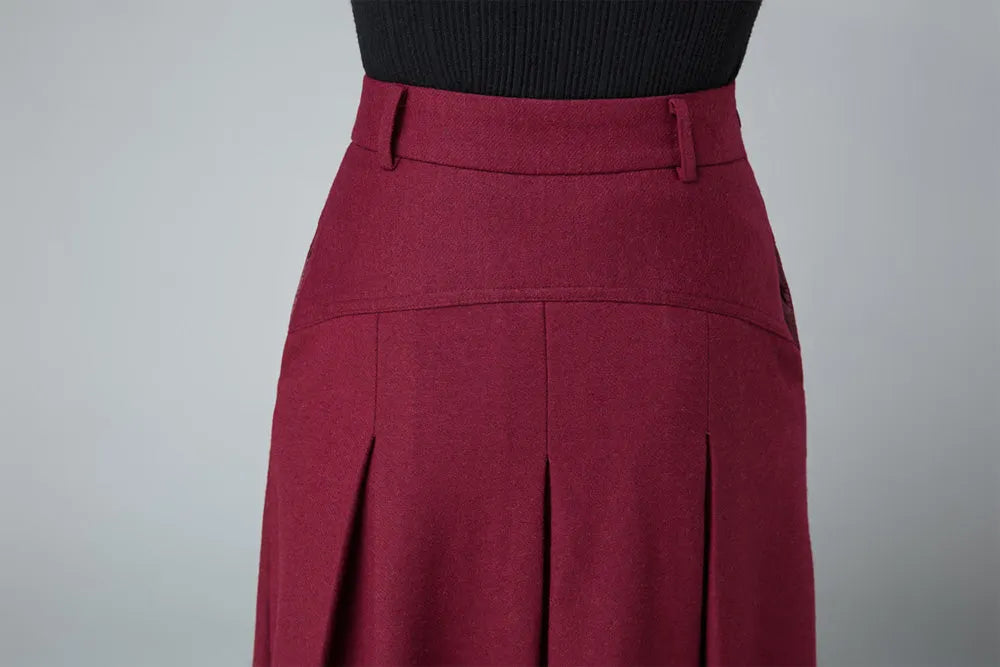 Burgundy Wool Blend Midi Skirt - A-Line Pleated Pockets 