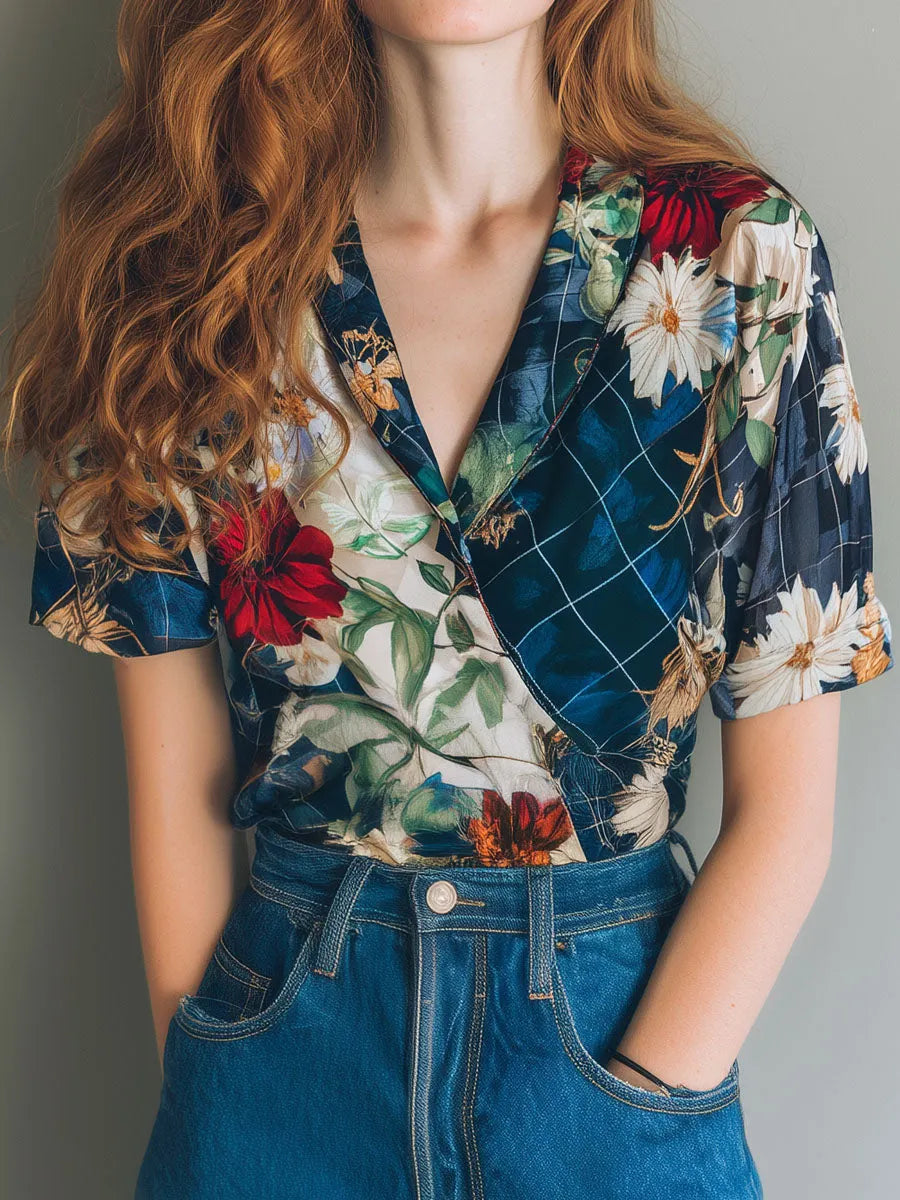 Vintage Floral & Check Mixed Print Short Sleeve Silky Shirt
