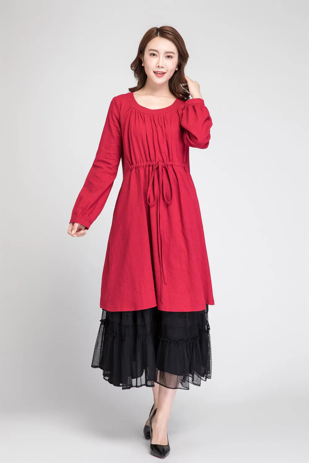 Red Linen Tunic Dress - Drawstring Waist, Pleated Blouson Sleeves 1885