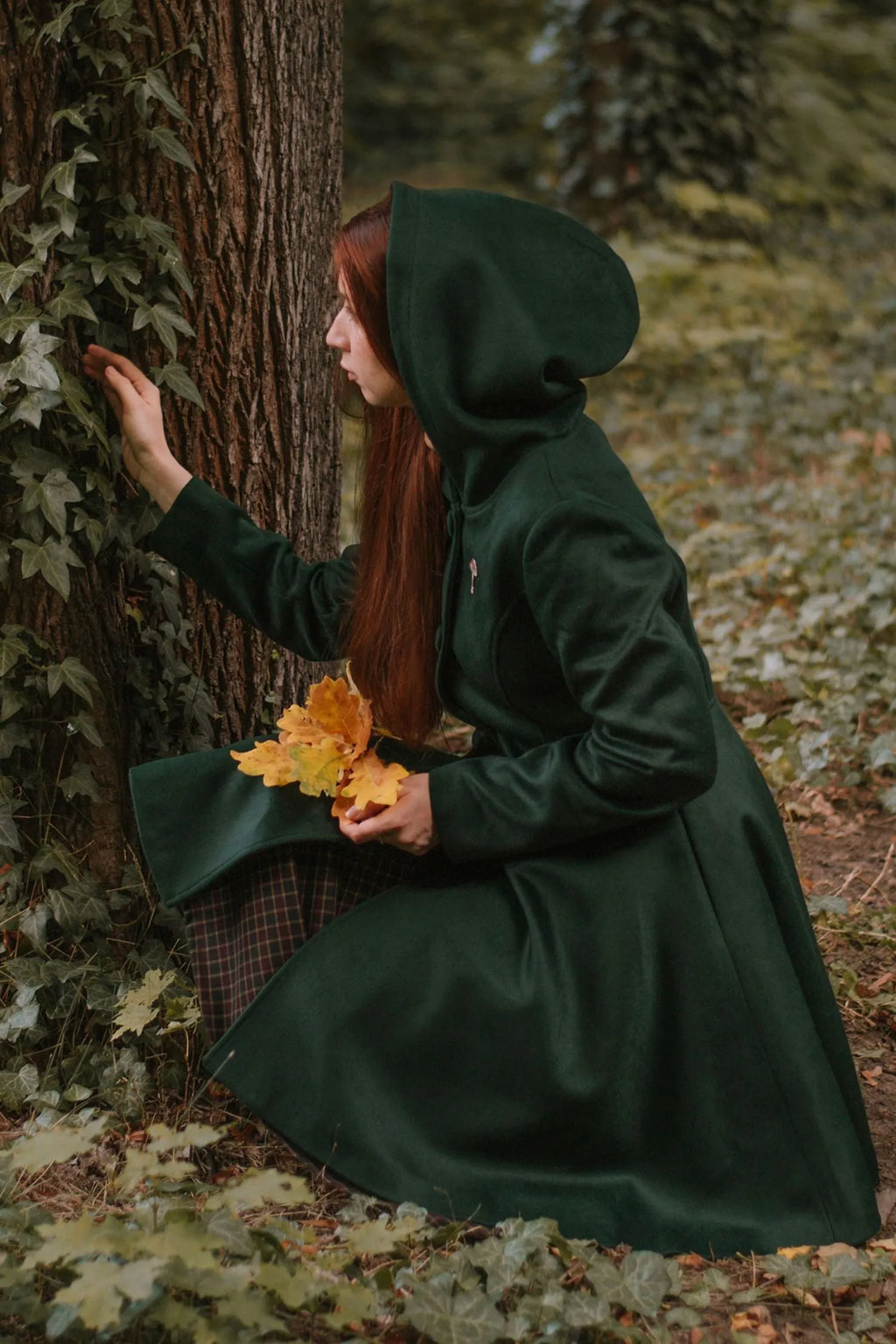 Army Green Wool Coat - Hooded Fit and Flare Knee-Length 3172