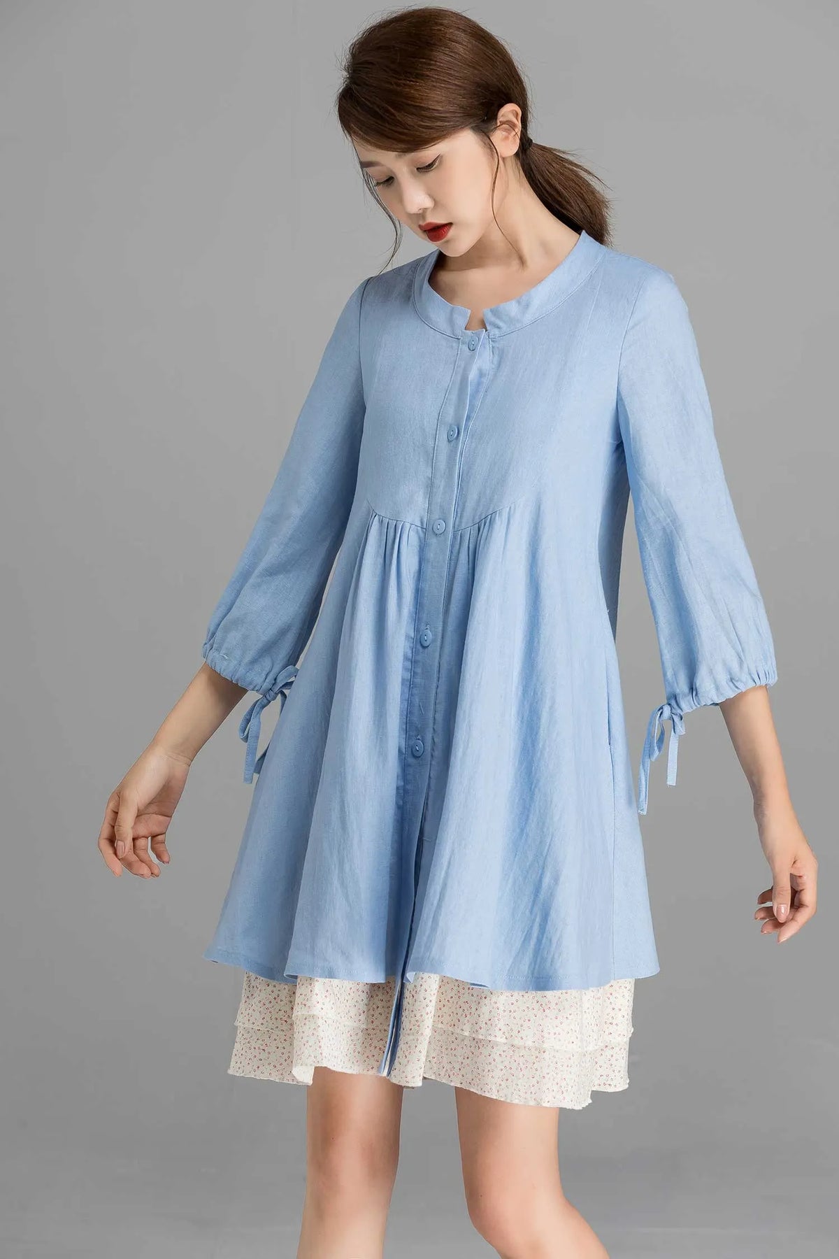 Blue Linen Blend Shirt Tunic Dress - Oversized Bishop Sleeve 2358