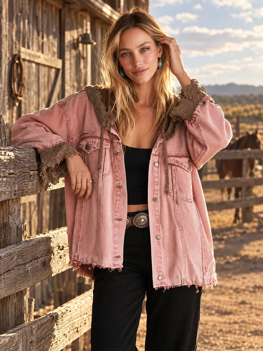 Oversized Washed Pink Hooded and Frayed Lace Trim Denim Jacket