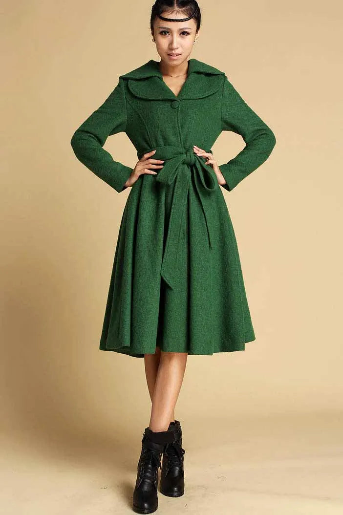 Wool Coat Dress – Vintage Fit and Flare Winter Overcoat with Belt 0336