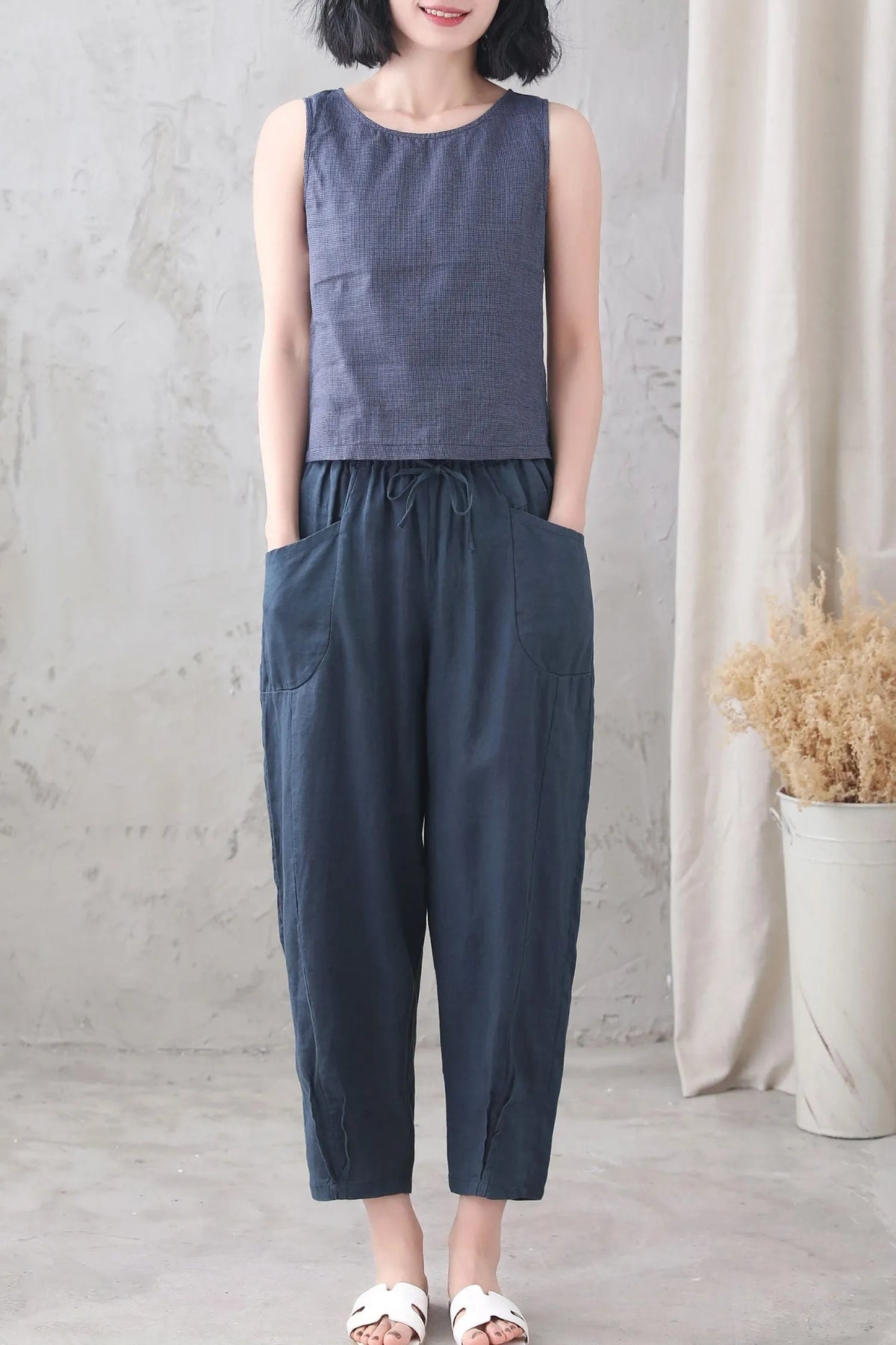 Blue Checked Linen Tank Top - Loose Fit with Scoop Neckline 3338