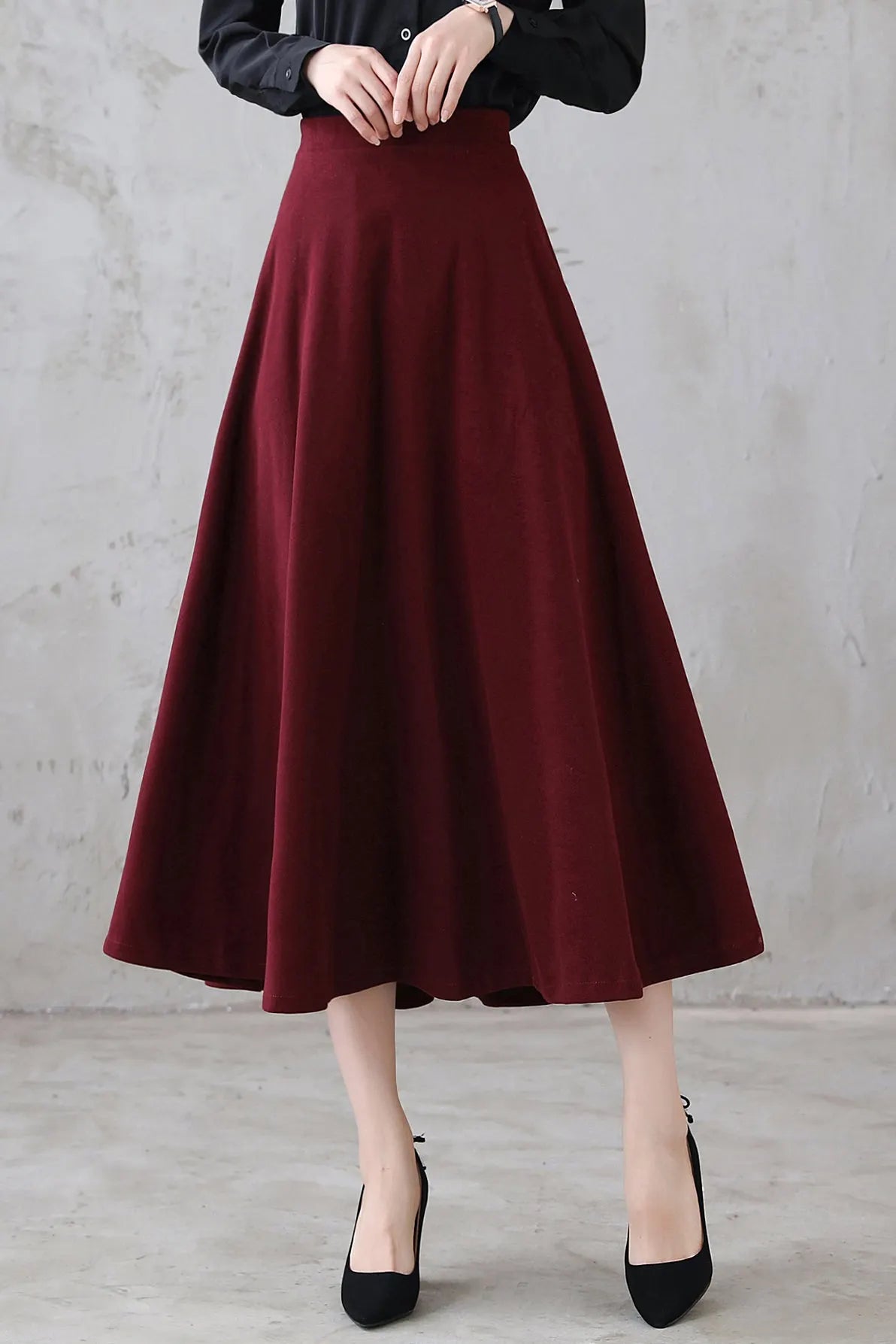 Burgundy Wool Midi Skirt - High Waist Flared A-Line Silhouette 3114