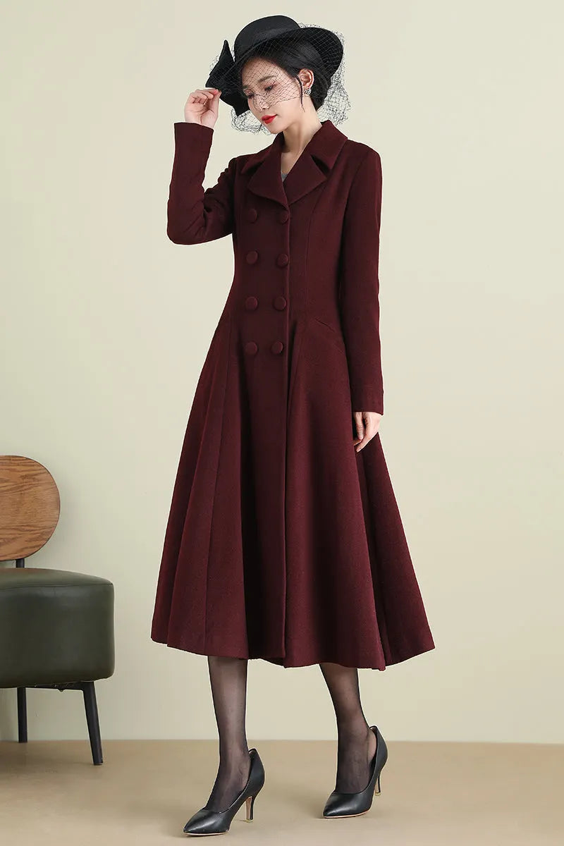 Handmade Wine Red Wool Coat – Vintage Double-Breasted Fit and Flare Overcoat 