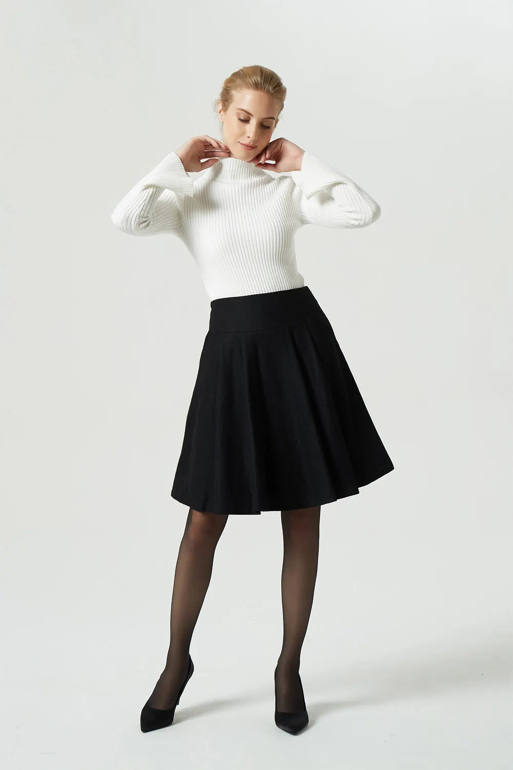 Black Wool Skater Skirt - Pleated Midi with Wide Waistband 1990