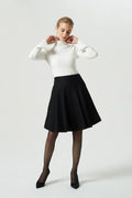 Black Wool Skater Skirt - Pleated Midi with Wide Waistband 1990
