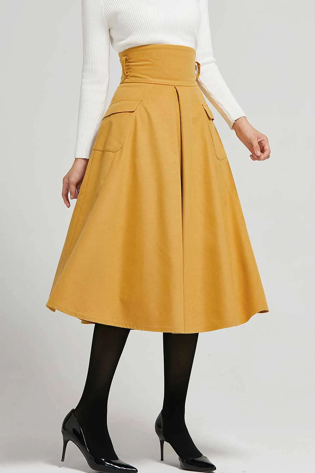 Mustard Wool A-Line Midi Skirt, High-Waisted Pleat 2302