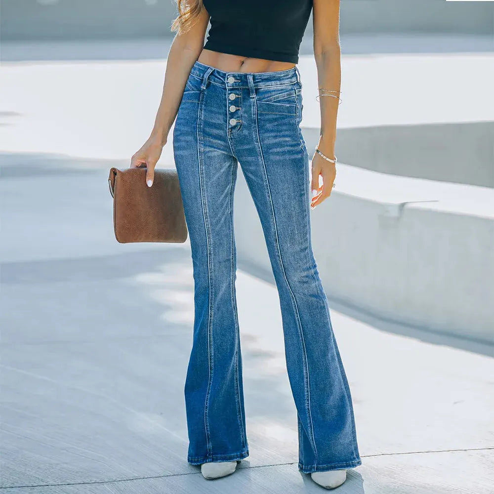 Women's Flared Patchwork Vintage Fashion Stretch High Waist Casual Slim Streetwear Wide Leg Flare Jean