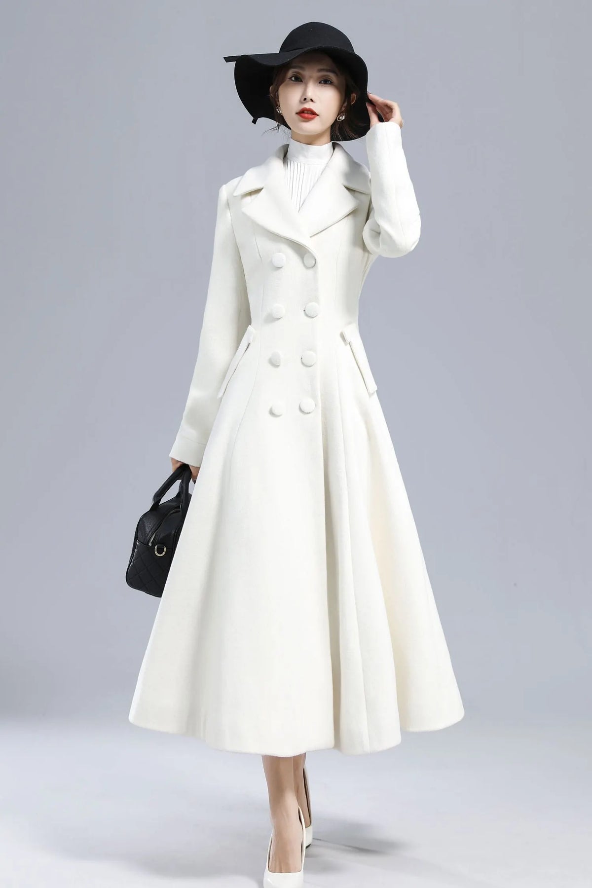 White Wool Maxi Coat – Vintage Double Breasted Long Winter Overcoat 3235